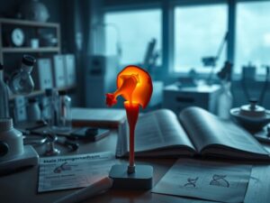 A dimly lit medical laboratory, with various scientific equipment and instruments scattered across the table. In the foreground, a 3D anatomical model of the male reproductive system, highlighting the testes, epididymis, and other key structures. The model is backlit, casting a soft, diagnostic glow. In the middle ground, medical textbooks and research papers lie open, revealing diagrams and explanations of the causes of male hypogonadism, such as hormonal imbalances, genetic disorders, and environmental factors. The background is hazy, with a sense of clinical focus and professional inquiry, conveying the seriousness and importance of understanding the underlying causes of this condition.