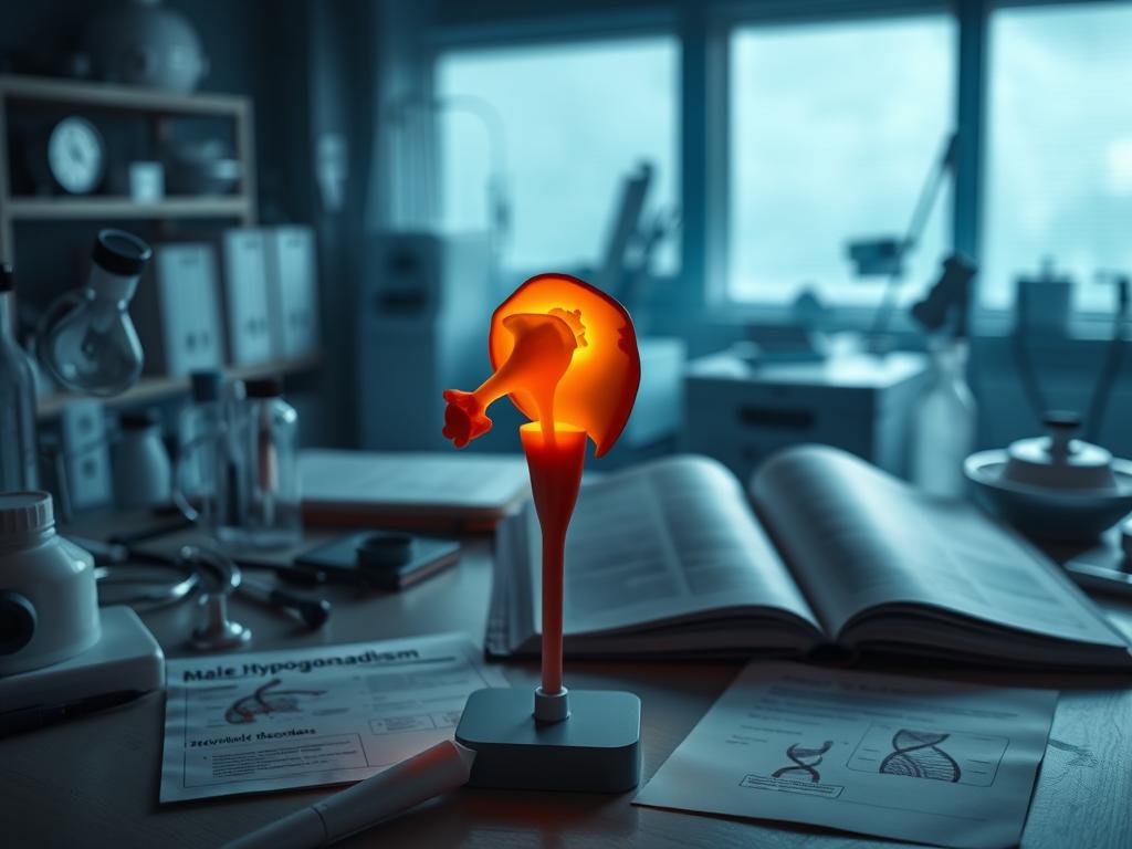 A dimly lit medical laboratory, with various scientific equipment and instruments scattered across the table. In the foreground, a 3D anatomical model of the male reproductive system, highlighting the testes, epididymis, and other key structures. The model is backlit, casting a soft, diagnostic glow. In the middle ground, medical textbooks and research papers lie open, revealing diagrams and explanations of the causes of male hypogonadism, such as hormonal imbalances, genetic disorders, and environmental factors. The background is hazy, with a sense of clinical focus and professional inquiry, conveying the seriousness and importance of understanding the underlying causes of this condition.